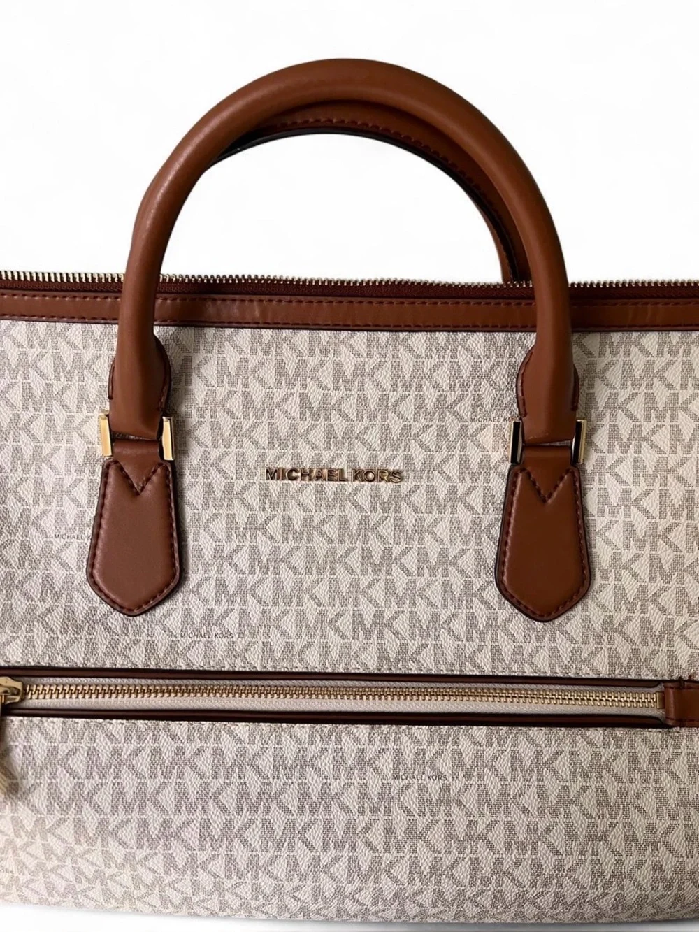 Authentic Michael Kors Cream Monogram Duffel with Brown Leather Trim